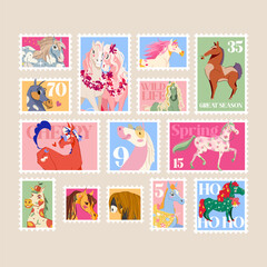Horse postage stamp vector set with decorative stylized illustrations. Animal character collection for postal design, scrapbooking, stationery, packaging, posters, creative projects