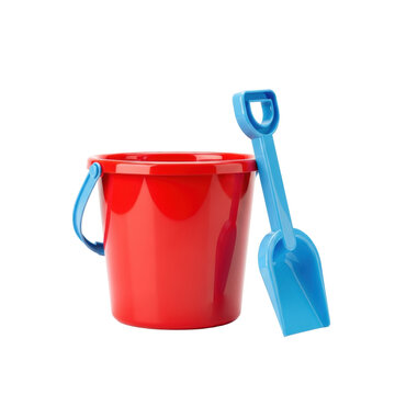 Glossy red plastic children's beach bucket and matching light blue toy spade isolated on a transparent background with soft shadows, concept of summer fun.
