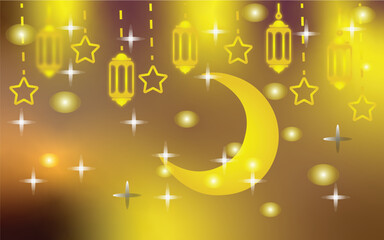 &ldquo;Golden Eid Mubarak Background with Glowing Crescent Moon, Hanging Lanterns and Stars, Islamic Ramadan Night Banner for Greeting Card, Poster and Social Media Design&rdquo;