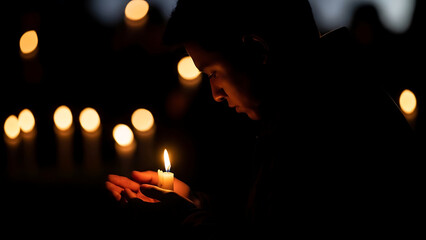 Lone figure finds solace in a gentle candle flame amidst the somber night's quiet glow