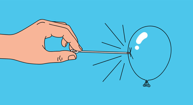 Hand holding a sharp needle and popping a blue balloon, symbolizing disappointment, bursting a bubble, or sudden failure.