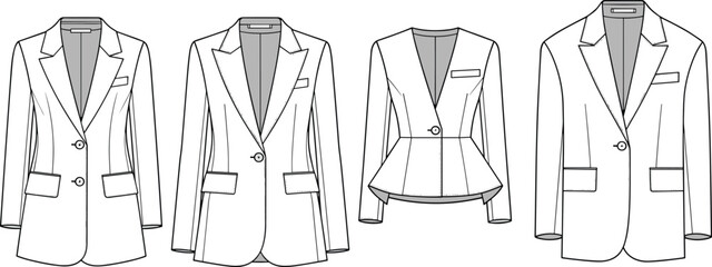 Cad drawing flat vector illustration of women's blazer jackets, technical fashion sketch, tailored outerwear design, stylish formalwear front view