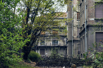 Facade of abandoned hospital building