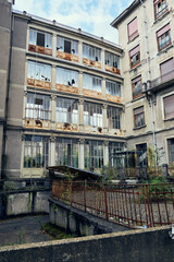 Facade of abandoned hospital building