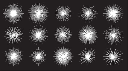 Elegant golden yellow fireworks explosion vector, twin festive firecracker display isolated on black background for holiday celebration design.