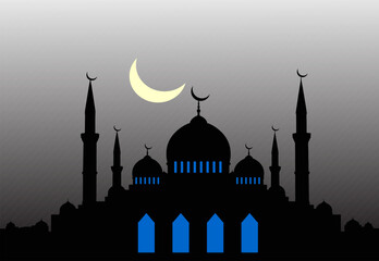 Mosque silhouette with crescent moon at night.