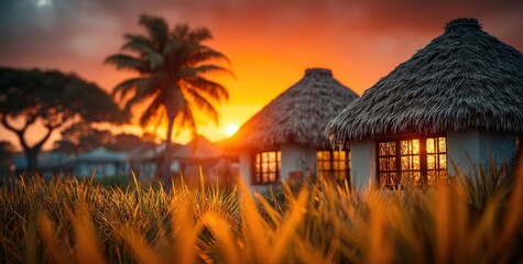Serene African sunset over traditional thatched huts in golden grass field
