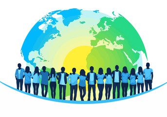 Diverse group of people standing together in front of a stylized globe representing unity and global connection