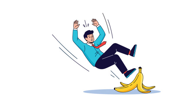 Careless businessman slipping and falling on a banana peel, representing an accident, mistake, or unforeseen business risk.