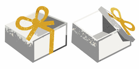 Two geometric gift boxes with yellow ribbons one open and one closed