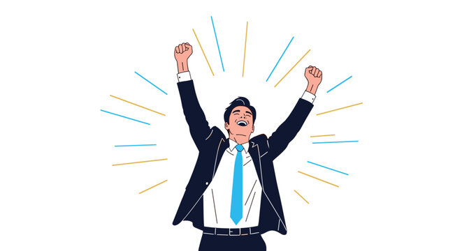 Overjoyed businessman celebrating a great success or achievement, raising his fists in the air with triumphant energy rays.
