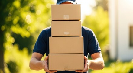 A delivery person holding three cardboard boxes in front of their face outdoors