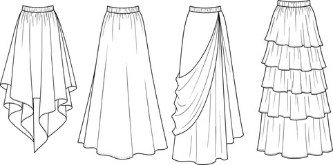 Cad drawing flat vector illustration of women's skirts, asymmetrical, draped, layered, technical sketch for fashion design, clothing front view © Anisur Creatives