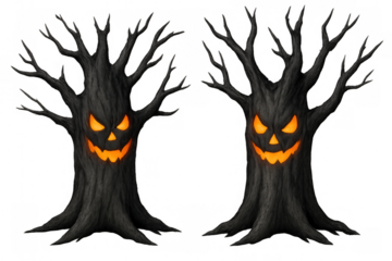 Scary halloween trees with carved jack-o'-lantern faces and glowing orange light, spooky monster concept on transparent background