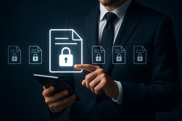 Secure document encryption concept with lock file icons and businessman using tablet