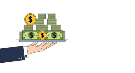 Obraz premium Hand in a business suit holding a silver platter with stacks of dollar bills and coins, representing wealth, service, and salary.