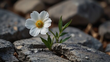 Single White Flower on Rough Stone Symbol of Quiet Remembrance
