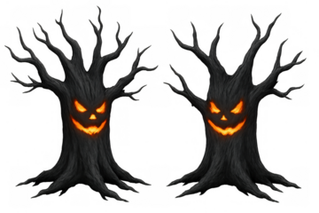 Spooky halloween trees with glowing jack-o-lantern faces, representing horror, fantasy, and creepy forest elements