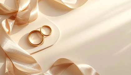 Gold rings satin ribbon soft shadow minimal style romantic wedding elegant love celebration luxury abstract background. Elegant gold rings and satin ribbon create romantic minimal wedding scene