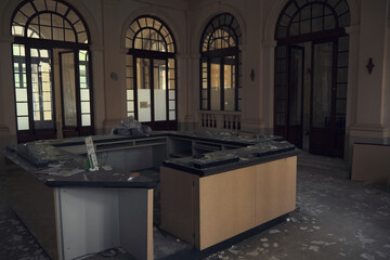 Facade of abandoned hospital building