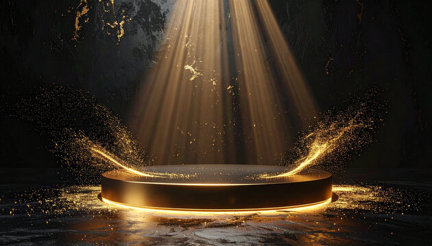 Minimal black cube platform with gold spotlight from above subtle golden dust swirl dramatic lighting elegant stage luxury display modern dark background glowing effect mysterious mood