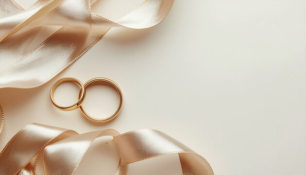 Gold rings satin ribbon soft shadow minimal style romantic wedding engagement elegant love celebration. Minimal romantic composition with gold rings and satin ribbon soft shadows create elegant