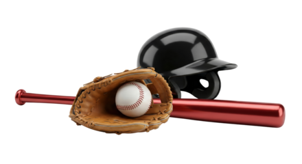 baseball equipment including a bat ball glove and helmet isolated on a black background