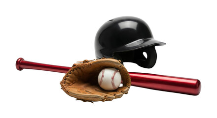 baseball gear with bat helmet glove and ball isolated on black background