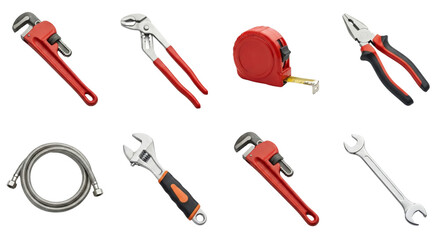 Obraz premium Array of maintenance and repair tools including pliers measuring tape and wrenches isolated on