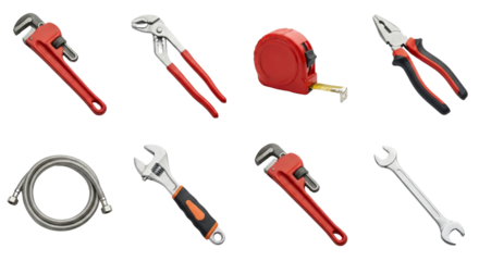 Array of maintenance and repair tools including pliers measuring tape and wrenches isolated on