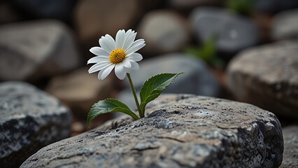 Lone White Flower on Textured Stone Representing Remembrance