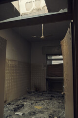 Facade of abandoned hospital building