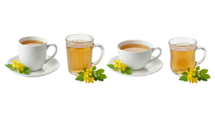 assorted herbal tea cups with vibrant yellow flowers on isolated transparent background