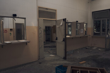 Facade of abandoned hospital building