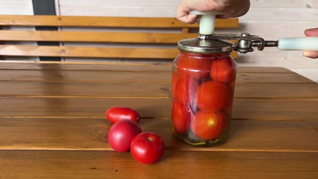 Hands seal jar of tomatoes with canning tool, homemade food preservation