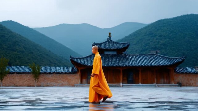 A solitary figure in a vibrant orange robe walks purposefully through an ancient courtyard, surrounded by tranquil mountains under a cloudy sky, embodying serenity and mindfulness.