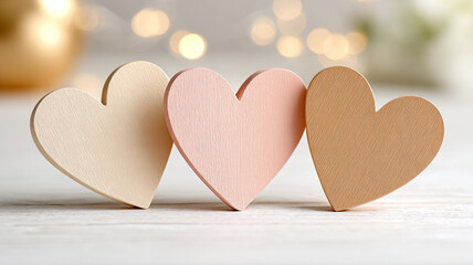 Beige hearts on beige background with golden bokeh.