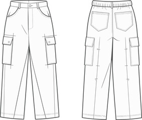 CAD drawing flat vector illustration of cargo pants with front button waist, patch pockets, side flaps and back elastic waistband