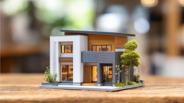 modern miniature building model on wooden surface with blurred background indoor