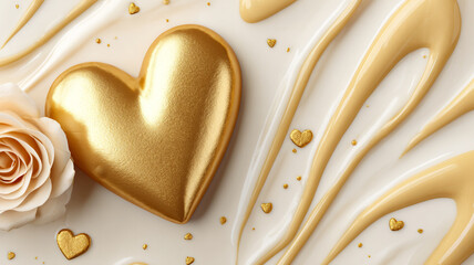 Luxury golden chocolate heart on a white rose background. Wedding, valentine's Day. Confectionery.