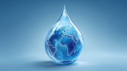 Fototapeta premium A water drop containing the continents of Earth symbolizes environmental conservation and clean water importance,
