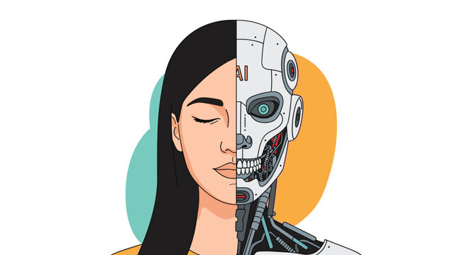 Conceptual illustration of a face split in half, showing a human woman on one side and a robot on the other, symbolizing AI.