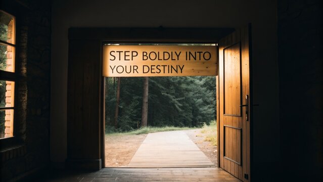Wooden door opening onto a pathway through a forest - Powered by Adobe