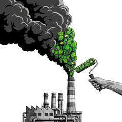 Greenwashing Concept: Painting Green Leaves over Dirty Factory Smoke