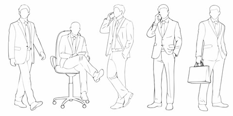 Line art illustration of businessmen in suits with phones and briefcases
