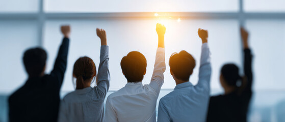 A group of people with their arms raised in a room filled with natural light