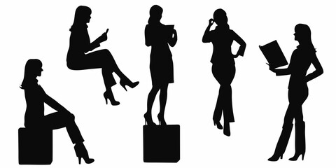 Silhouettes of women in various poses sitting standing and holding items