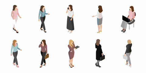 Isometric illustration depicting diverse women in various business and daily activities