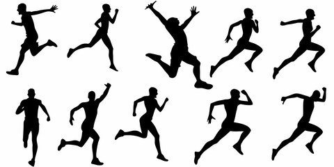 Silhouettes of people running and exercising in various dynamic poses