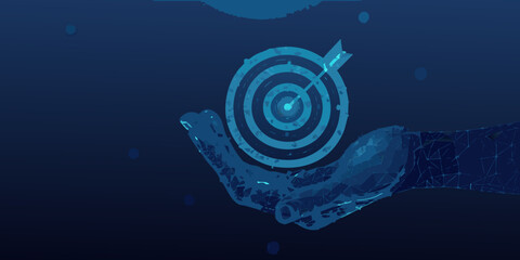 A hand holding a glowing target with a dart in the center